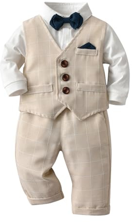 Volunboy Trajes para Bebé Niños de Boda, Bautizo Conjunto de Chaleco, Camisa, Pantalón, Pajarita（12-18 Meses，Caqui，Tamaño 80）