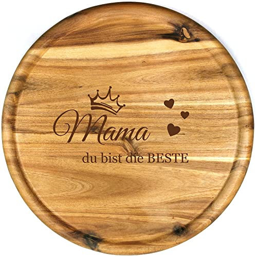 Sterngraf Pizzateller 32 cm mit Gravur Mama du bist die Beste, Holz Pizzateller - Geschenkidee zum Geburtstag, Geschenke für Frauen zum Muttertag, Akazienholz, Krone Herz MotivP11o