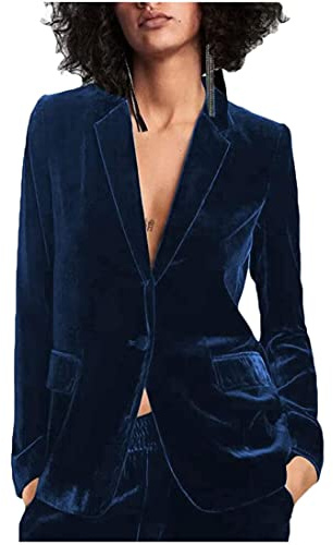 Ensemble de costume professionnel pour femmes en velours Botong avec revers à pointe, pour le bureau et le travail, bleu marine, XL