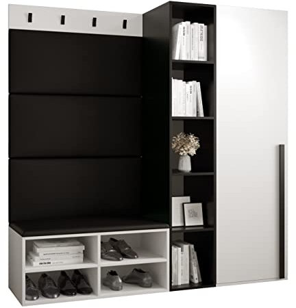 MEBLE KRYSPOL Garderobe MIRO Set 1 mit gepolsterten Paneelen Modern Design (schwarzes Öko-Leder, Weiß Matt + Schwarz Matt)