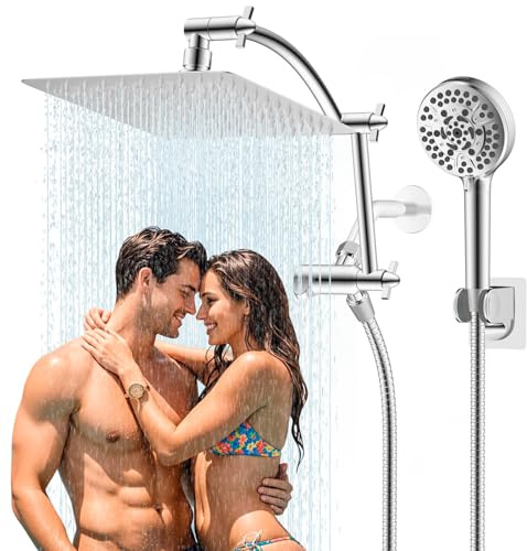 Hibbent All Metal cUPC Certified Shower Head, 10'' High Pressure Rainfall Shower Head, Handheld Showerhead Combo with 16'' Adjustable Extension Arm, 10 Sprays, 71'' Hose, Showerhead Holder, Chrome