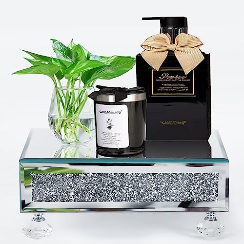 TACIDON Glass Mirrored Riser for Kitchen Sink, Bathroom Counter Modern Decor. Crystal Pedestal Stand for Displays. Crushed Diamond Bling Decor Tray.(Silver)