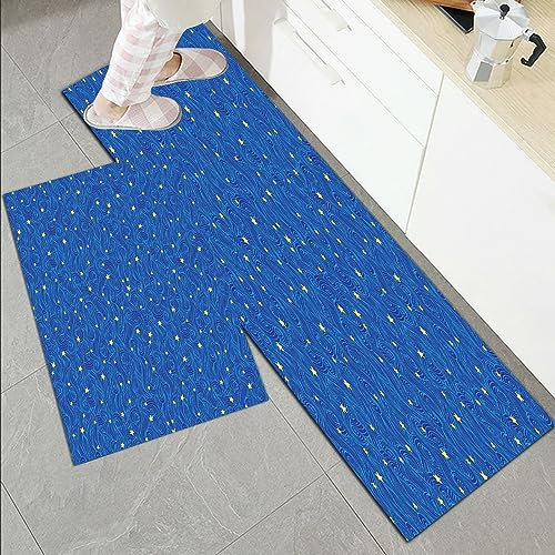 Küchenläufer Küchenmatte 2 Stück 45x70cm+45x120cm,Sternennacht, Sterne und Wolken Muster mit Kurven Galaxy Thema Himmels,Rutschfest Pflegeleicht, Anti-Müdigkeit Küchenteppich Teppich Läufer für Küche