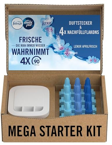 Febreze Programmierbarer Lufterfrischer 3Volution Duftstecker Starter-Kit + 4x Nachfüllflakons Aprilfrisch, Elektrischer Raumduft mit 3 Wechselnden Düftne Zum Bekämpfen Von Gerüchen