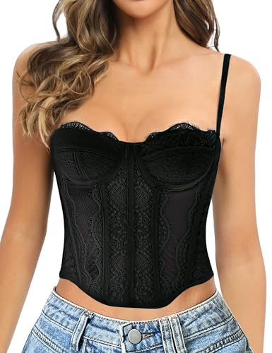 GainKee Corset en dentelle pour femme - Bustier en dentelle avec bretelles - Corset pour sortir, fête, noir, Large