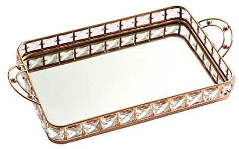 Bandeja decorativa de lujo con espejo de cristal, para perfume, baño, 30 x 21 x 6 cm, color dorado