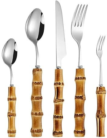 NobeOnbe 5pcs Geschirrset mit natürlichem Bambusgriff, Steakmesser für westliches Essen, Messer und Gabel, Löffel, Kuchendessertlöffel-Gabelset