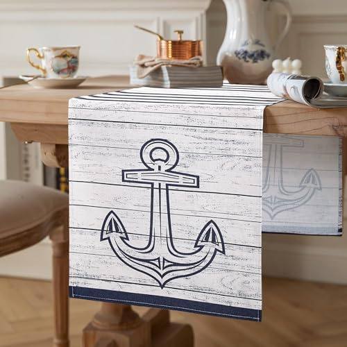Tischläufer Grau Modern Küche Esstisch Dekoration Tischläufer 40 x 140 cm Leinen Tischläufer Landhausstil Retro Art Maritimes Thema Blau Streifen und Anker für Drinnen und Draußen Urlaub Party Dekor