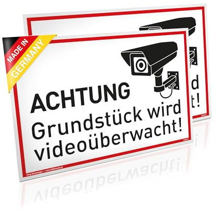 2 Schilder Achtung Grundstück wird videoüberwacht! | PVC 30 x 20 cm | stabiles PVC Schild mit UV-Schutz | weiß | Videoüberwachung Kameraüberwachung Kameraüberwacht | Dreifke®