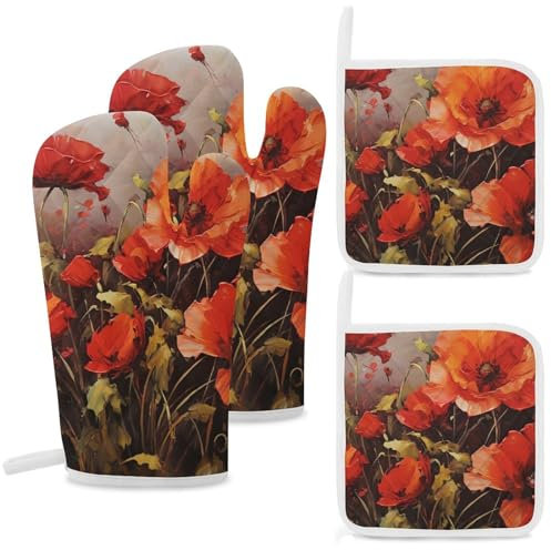 Ofenhandschuhe und Topflappen, hitzebeständig, Ofenhandschuh und Topflappen, Ölgemälde, rote Blume, Grillhandschuhe, heiße Pads, Kochhandschuhe für Küche, Backen, Grillen, 4-teilig