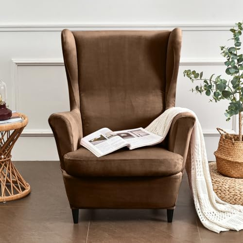 Hixingo 2-Teilig Ohrensessel Überzug, Einfarbig Sesselbezüge, Verdickter Samt Ohrensessel Bezug für Wohnzimmer Schlafzimmer Hotel Sesselschoner (Braun,One Size)