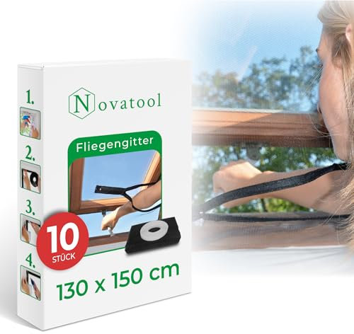 Novatool 10 Stück Fliegengitter Dachfenster ohne Bohren 130x150 anthrazit individuell kürzbar Insektenschutz Fliegennetz Fensternetz Mückennetz Mückengitter Fenstergaze