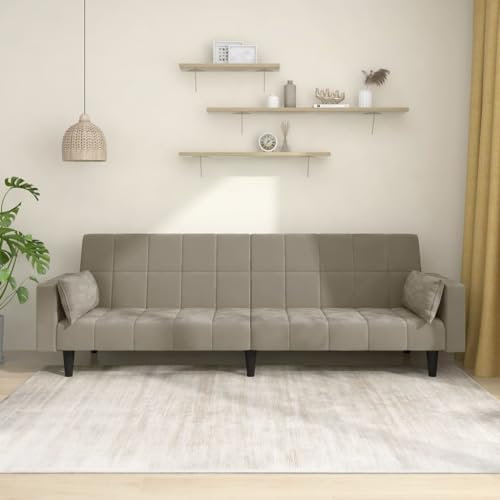 Homgoday Schlafsofa 2-Sitzer mit 2 Kissen Klappsofa Bettsofa Bettcouch Loungesofa Sofa mit Schlaffunktion Sofa Couch mit Verstellbarer Rückenlehne für Wohnzimmer Hellgrau Samt