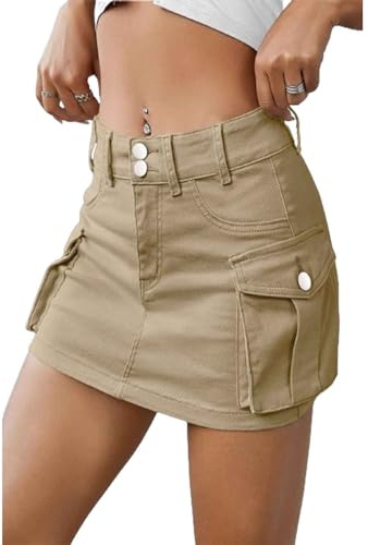 TJDKKYH Falda Tipo Cargo de Cintura Baja, Minifalda Vaquera con Botones para Mujer