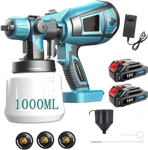 Pistola a Spruzzo, Compatibile con Makita,18V Spruzzatori di Vernice con 2 Ugelli in Rame e Filtro,Capacità 1000ml, con Batteria 2x3000mah e Caricabatterie, Per Verniciatura Di Pareti, Soffitti