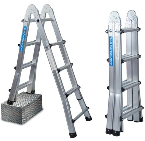 UZIRO Escalera Telescópica Plegable Articulada de Aluminio 4x4, Escaleras Multiposición Extensibles 3,99 M, 4 Peldaños, Soporta hasta 150 KG, Plegable y Compacta.