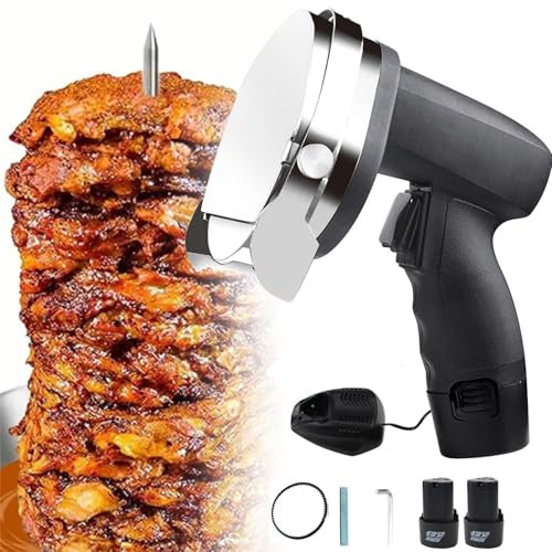 Outil de coupe gyroscopique sans fil, trancheuse à shawarma, couteau électrique for doner kebab, coupe-viande gyroscopique avec batterie rechargeable 12 V x2, épaisseur maximale de 8 mm
