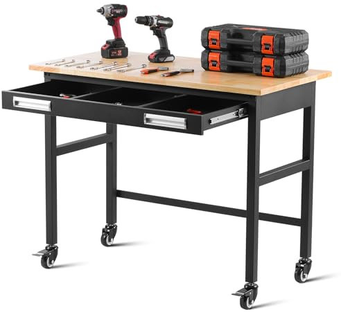 VEVOR Banco da lavoro da 1220 mm Tavolo da Lavoro Resistente, Capacità di Carico di 680 kg con Cassetti e Ruote Estraibili, Banco da Lavoro Mobile su Ruote, con Piano in Rovere per Officina, Ufficio