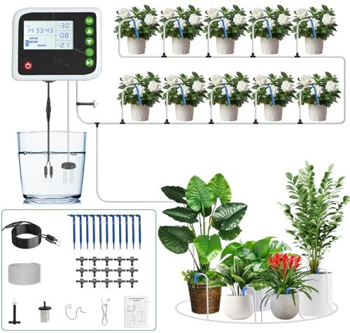 SoulBay Sistema de riego automático, sistema de riego para plantas de interior, riego por goteo con temporizador y bomba de 150 cm para jardín, balcón, interior, plantas en macetas, plantas