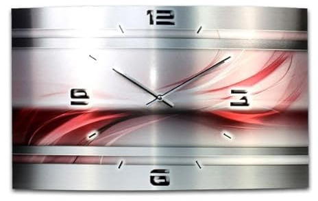 Kreative Feder Abstrakt - Designer-Wanduhr aus gebürstetem Aluminium Größe 50x30cm mit leisem Uhrwerk wahlweise Funk oder Quarz (Rot Metallic, leises Quarzuhrwerk)