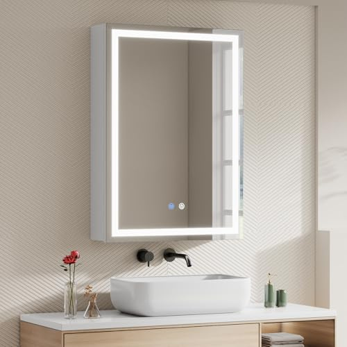 Warmiehomy Badezimmer Spiegelschrank mit Beleuchtung,45x60cm LED Badezimmerschrank mit Spiegel 3 Lichtfarbe Einstellbar | Steckdosen | Touchschalter | Defogger | Weiße Einzeltür