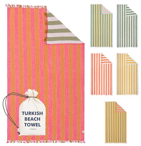 Barine Cabana Striped Gauze Turkish Beach Towel - Large 36 x 69 | Quick Dry Beach Towel Blends Retro Style with Everyday Beach Comfort | Sand Free Design for a Clean, Carefree Day in the Sun (Pink)