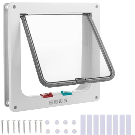 AUNHOKE X Large Cat Door,Cat Flap Door Safety Silent Pet Door with 4 Way Lock,Weatherproof & Easy Installation Cat Door for Cats, Pet Flap for Interior Exterior Door,Window,Wall (White)