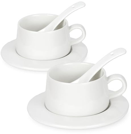 Aramanara 230 ml Tea Cup and Saucer Set of 2, Ceramic Cappuccino Cups, White Coffee Cups with Spoons for Coffee Tea Drinks Latte Americano Espresso