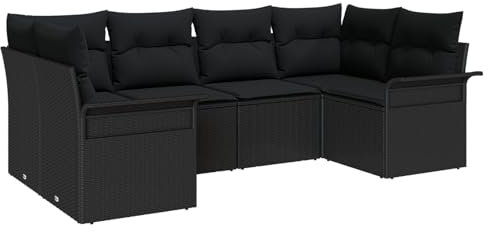 vidaXL 6-teiliges Gartensofa-Set mit Kissen in Schwarz aus Poly Rattan – modulares Outdoor-Sitzmöbel für die Terrasse zum Entspannen