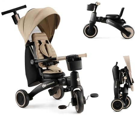Kinderkraft Jazz 2, 6-IN-1-DREIRAD MIT LAUFRADFUNKTION, Kinder Fahrrad, Kinderwagen, Klappbar mit Zubehör, UPF50+ UV-Schutz, von 9 Monaten bis 5 Jahren an, Beige
