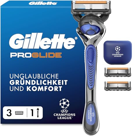Gillette Fusion 5 Proglide Rasierer Herren, Metall, Blau/Grau | UEFA Champions League Special Edition, Inkl. 1 Nassrasierer, 3 Rasierklingen mit Neuem Everglide Gleitstreifen, Schutzkappe