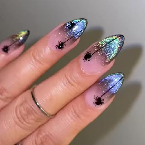 MouyouGlow Press on Nails Kurz,Almond Halloween Nude Gradient Lila Shimmer Spinnen Horror Creepy Fake Nails mit Nagelkleber,Natural Ombre Purple Bling Spiders Künstliche Fingernägel