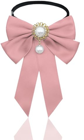 Gsyziux Pearl Bow Ties for Boys and Girls, Elegant Adjustable Kids Bowtie Rhinestone Ladies Necktie for Party (Pink)