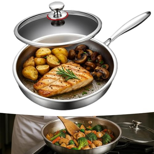 Plateful - Padella in titanio con coperchio, padella in puro titanio per cucinare, padella antiaderente multifunzione ultra resistente, lavabile in lavastoviglie, adatta per ogni piano cottura (28 cm)