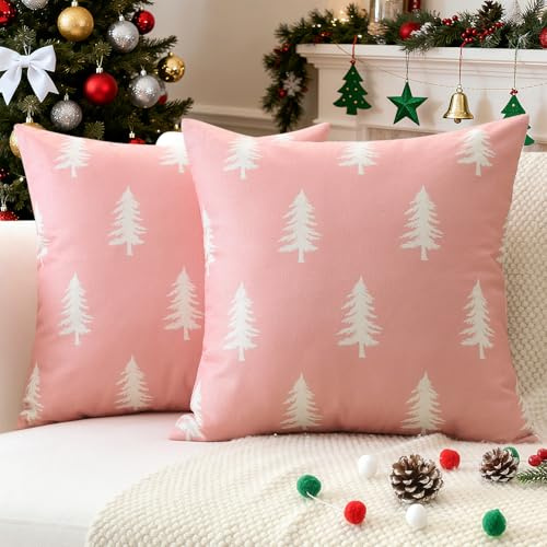 JOTOM 2er Set Weihnachten Kissenbezüge, Dekorative Weihnachtsbaum Doppelseitiges Muster Kissenbezug Moderne Kissenhüllen Dekokissen Zierkissenbezug für Wohnzimmer Garten (40x40cm, Rosa)