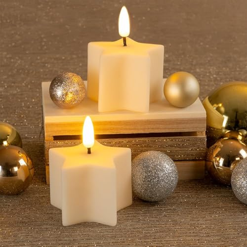 Ideen mit Herz Bougies LED en forme d'étoile | 2 pièces | crème | Noël | blanc chaud | effet flamme réaliste | alimentées par piles