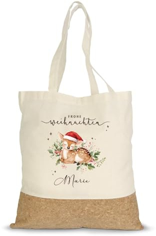 GRAVURZEILE Bedruckte Einkaufstasche Kork - Wintergrün Reh - Personalisiert mit Name - Einkaufsbeutel aus Baumwolle & Korkbesatz - Tragetasche mit langen Tragegriffen - Geschenk zu Weihnachten