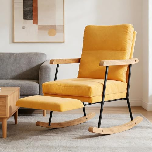 Comoda poltrona a dondolo in tessuto lino, con poggiapiedi scorrevole, sedia da lettura ergonomica con schienale alto e legno, per soggiorno, balcone, ufficio e donna incinta (colore giallo senape)