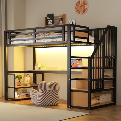 Merax Metall-Hochbett 90x200 cm, Hohes Eisenrahmenbett mit LED, Steckdose, Regale & Tisch, Metall-Loftbett, Platzsparend & stabil, Schwarz (ohne Matratze)