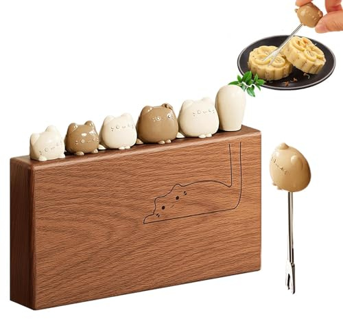 Forchette in metallo | 6 pezzi di posateria in acciaio inossidabile - Forchette da dessert con manico a forma di gatto e supporto in legno | per Antipasti, Salumi, Cheesecake, Insalata, Festa, Viaggio