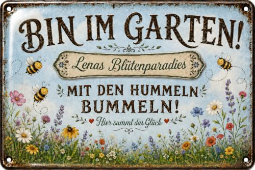 schilderkreis24 Personalisiertes Gartenschild mit Wunschname – „Bin im Garten!“ Blütenparadies Schild mit Hummeln, Blumen & Spruch, Garten Deko Geschenk für Gärtnerin, Mama, Oma, Terrasse, Balkon