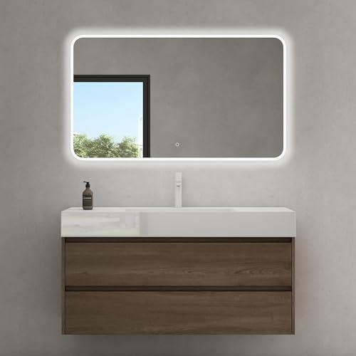 doporro Badmöbel Set mit Eiche 120cm Unterschrank Waschbecken LED-Badpiegel | Wandhängendes Badmöbel-Set in Dunkelbraun mit Mineralguss-Waschbecken, LED-Spiegel – geräumig für moderne Bäder Deep