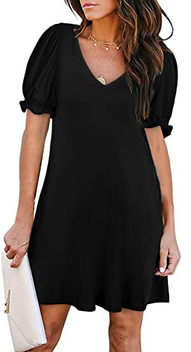 Aloodor Dresses for Women 2025 V Neck Puff Sleeve T Shirt Dress Fashion Beach Vacation Essentials Black M