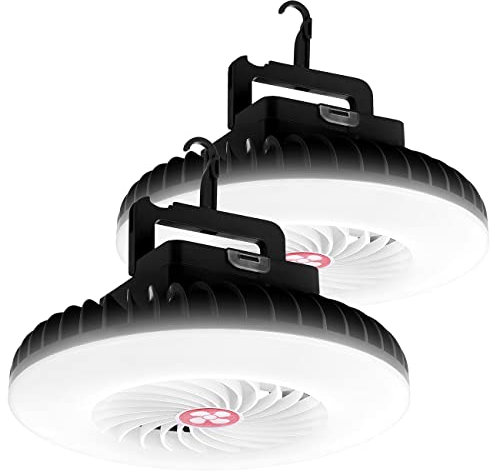 Semptec Urban Survival Technology Camping Licht: 2er-Set 3in1-Akku-LED-Lichter & Ventilatoren + USB-Powerbank, Ø 16,6cm (Ventilator Camping, Camping-Ventilator Akku, Tischleuchte Batterie)