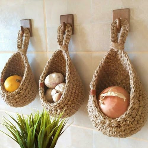 FUBESK Obstkorb zum Aufhängen, Boho-Jute-Hängekörbe für die Organisation, hängende Wand Obst Gemüse Körbe (C (B x H x T): 20 x 19 x 25 cm)