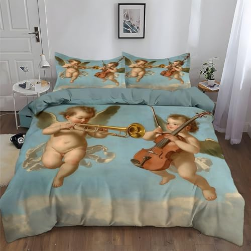 Retro Klassischer Engel Bettbezug 135x200 cm Blau Bettwäsche Set, Weiche Atmungsaktiv Mikrofaser Bettbezug 3 Teilig für Teenager Jungen Mädchen mit 2 Kissenbezügen für Alle Jahreszeiten