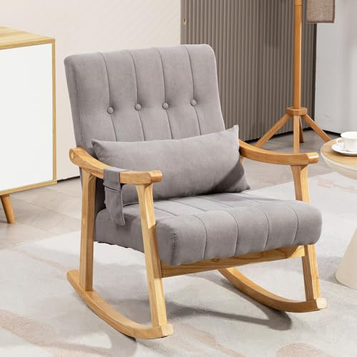 EROMMY Fauteuil à Bascule, Fauteuil de Relaxation en Tissu avec Coussin Lombaire & Poche Latérale, Rembourré en Tissu Doux, avec Cadre en Bois de Caoutchouc, pour Salon, Chambre à Coucher (Gris Clair)