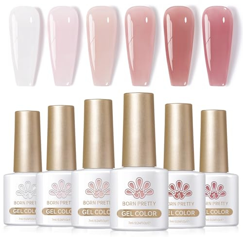 BORN PRETTY Jelly Gel Nail Polish Set 6 Colours Milky White Nude Sheer Pink Gel Polish Translucent Effect Soak off UV LED Nail DIY Manicure Design Gift for Women Girls