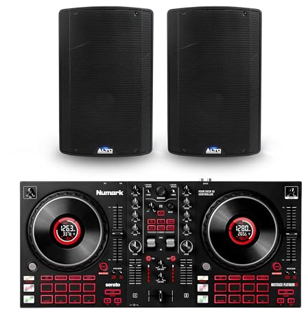 Numark Mixtrack Platinum FX DJ Controller and ALTO TX412 Powered PA Speakers Pair for Live Music, DJ sets, Events, Music production