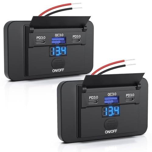 GIBBAB Lot de 2 interrupteurs USB 90 W 3 ports 12 V RV Montage mural en | Avec voltmètre, 2 x 36 W PD3.0 Type-C + 18 W QC3.0 Prise de charge rapide multi-ports pour voiture, camping-car, van, bateau